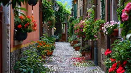 A stroll down a narrow path surrounded by flowers and greenery.