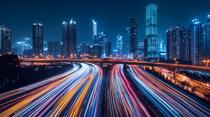 Fototapeta premium Nighttime city skyline with illuminated buildings and traffic trails, urban nocturne. Nocturne. Illustration