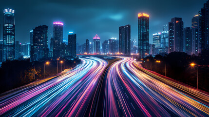 Nighttime city skyline with illuminated buildings and traffic trails, urban nocturne. Nocturne. Illustration