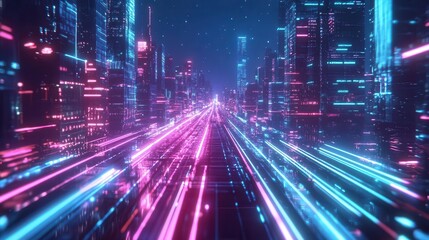 Fototapeta premium neon beams of blue, pink, and purple slicing through a digital landscape, creating a futuristic cyberpunk atmosphere that suggests high-speed technology and vibrant energy