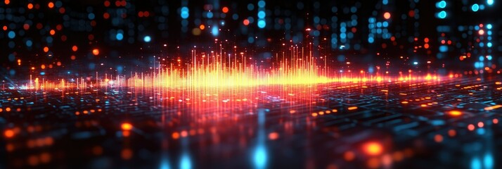 Obraz premium Abstract digital visualization of sound waves over a circuit-like background.