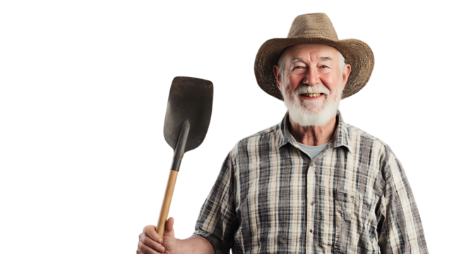 Farmer leaning on a shovel and smiling on a transparent background. - Powered by Adobe