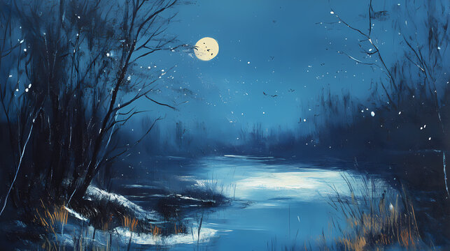 Romantic nocturnal winter landscape, acrylic painting and illustration. Nocturne. Illustration