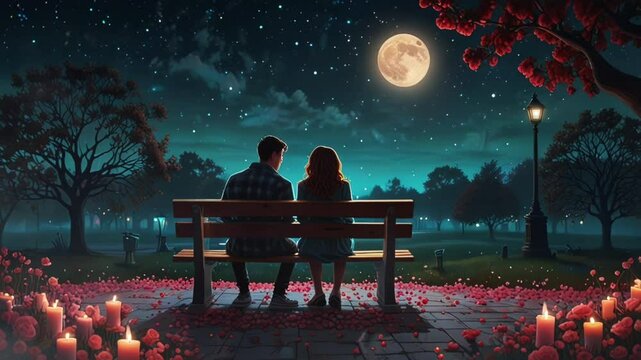 Valentine's Day, a couple sitting on a park bench under a tree at night with a full moon and stars. seamless looping 4k video background animation