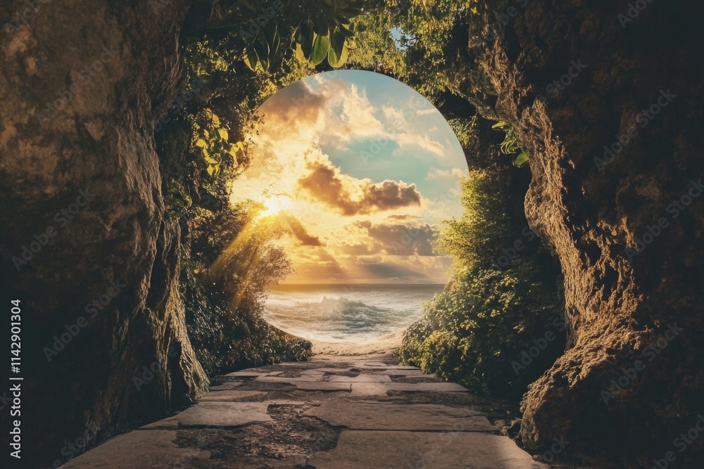 Poster a long tunnel allows a glimpse of the vast ocean beyond, with waves and sea spray visible in the dis
