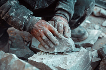 Generative AI Image of a Stonemason Working with Stone, Shaping and Carving Stone Surface