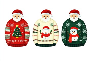 Three festive holiday sweaters featuring Santa Claus and a snowman designs