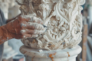 Obraz premium Generative AI Image of a Stonemason Working with Stone, Shaping and Carving Stone Surface