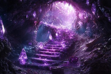Amethyst cave with glowing stairs and crystals.
