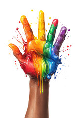 Rainbow-colored hand with paint splashes