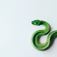 Fototapeta premium Green snake in green fresh leaves on white background, empty space for text, copy space. Symbol of 2025 year of the Snake, picture for postcard and poster calendar