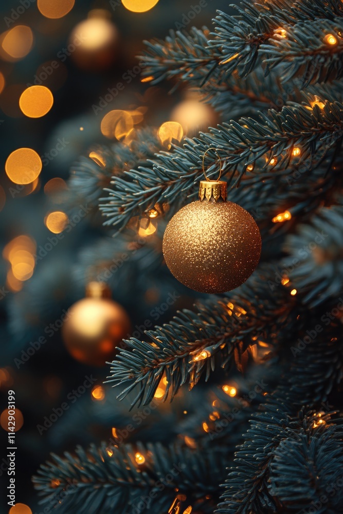 Poster a close-up view of a christmas ornament hanging from a tree branch