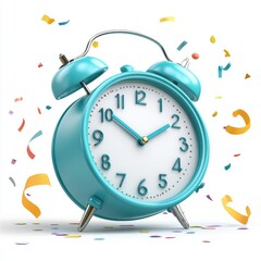 A vibrant turquoise alarm clock surrounded by colorful confetti, symbolizing celebration and the passage of time, Ideal for motivational content, birthday events, or New Year promotions,