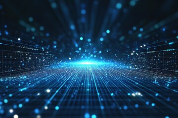 A blue background with a lot of dots and a bright light in the middle