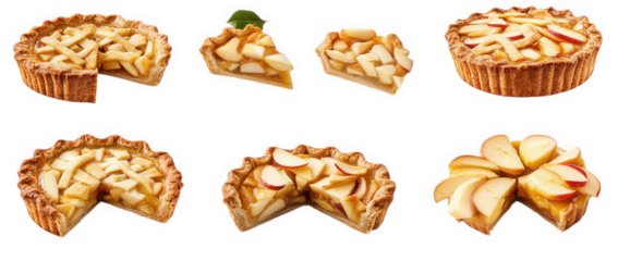 collage of six apple pies in various arrangements. including a whole pie. a pie cut into slices. a pie cut into quarters. and a pie with a slice removed the pies have a flaky crust and a sweet apple f