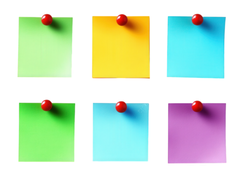 six blank sticky notes in various colors with red push pins on a transparent background