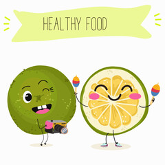 Sweetie, lemon fruit cute funny cheerful characters. Vector hand drawn illistration.