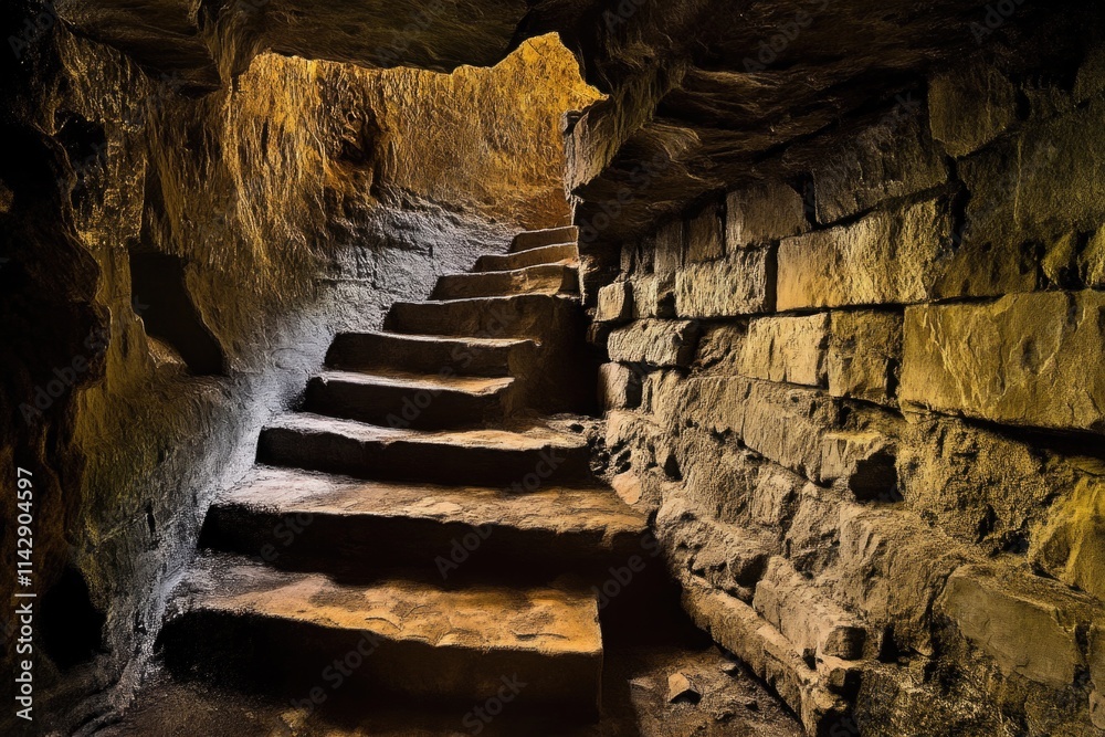 Poster a worn stone staircase winds its way up the side of an ancient ruined structure