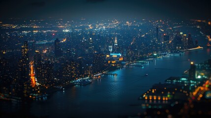 Aerial view of a vibrant city skyline illuminated at night, reflecting on water.
