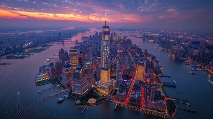 Aerial view of a vibrant city skyline at sunset, showcasing modern architecture and waterways.