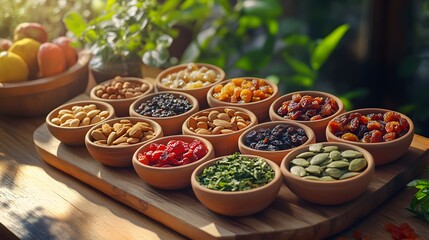 Nut and dried fruit arranged in earthen bowl with sunlight filtering through greenery
