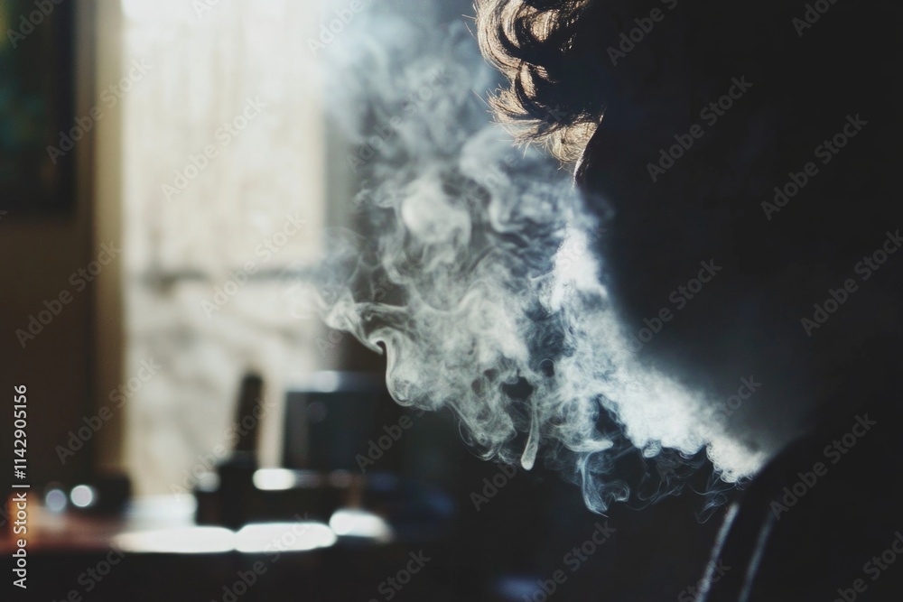 Poster a person smokes a cigarette in a dimly lit room, with shadows surrounding the scene