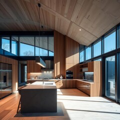 Modern kitchen with island stainless steel appliances and large windows wood concrete design wood design concrete architecture wall floor modern