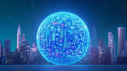 Obraz premium Futuristic glowing globe with vibrant city skyline background, showcasing advanced tech.