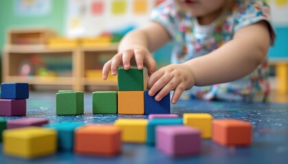 Fototapeta premium Child Engaged in Colorful Block Play with Focused Attention and Creativity in Bright Learning Environment