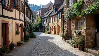 Fototapeta premium Charming cobblestone street in a historic European village.
