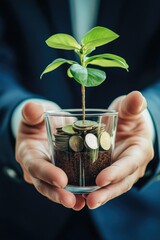 A businessman holding a glass filled with coins and a small plant, possibly symbolizing good luck or prosperity