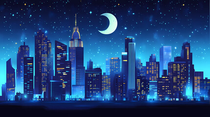 Naklejka premium Enchanted nighttime city skyline, glowing buildings, magical architecture, fantasy cityscape, dreamlike illustration, dark blue palette, artistic painting. Nocturne. Illustration