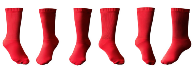 six red socks isolated on transparent background. shown in different angles. with one sock on its side