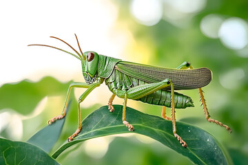 Fototapeta premium Closeup green grasshopper isolated PNG on transparent background