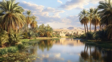 Obraz premium photorealistic depiction of egypt's siwa oasis, highlighting the vibrant palm trees, shimmering water, and stunning landscape bathed in warm, golden sunlight, creating a serene and exotic atmosphere