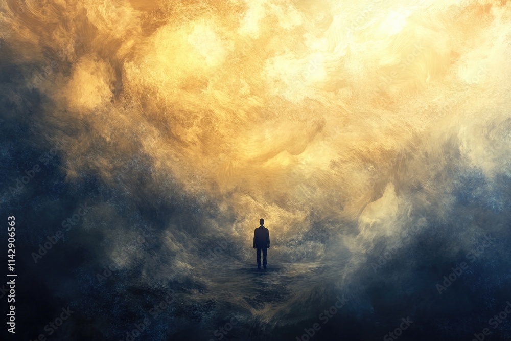 Poster a person stands in the middle of a cloudy sky, offering a sense of freedom and limitless possibiliti