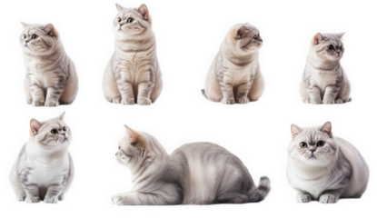six of a grey tabby cat in various poses. all against a transparent background