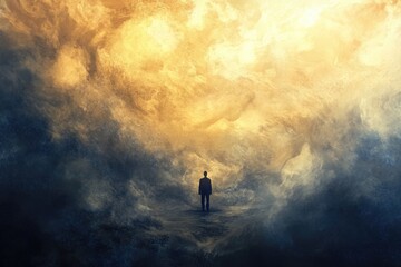 Fototapeta premium A person stands in the middle of a cloudy sky, offering a sense of freedom and limitless possibilities