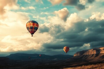 Obraz premium A group of hot air balloons flying through a cloudy sky, great for use in travel or adventure scenes