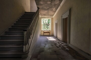 Fototapeta premium A hallway with a staircase and a window, perfect for interior design or real estate use