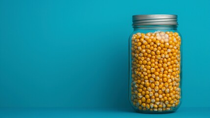 Glass Jar Filled with Yellow Corn Kernels on Blue Background