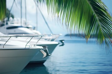 A group of boats moored together in a peaceful body of water
