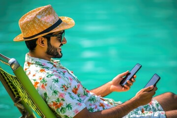 Fototapeta premium A person sitting in a chair using a cell phone
