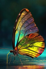 A vibrant butterfly perched on a table, great for use in still life or nature photography