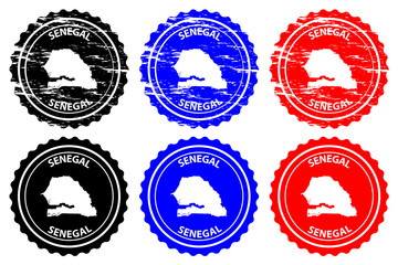 Senegal - rubber stamp - vector, Republic of Senegal map pattern - sticker - black, blue and red