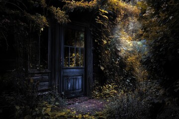 Fototapeta premium A blue door stands alone in a dense and dark forest, waiting for discovery