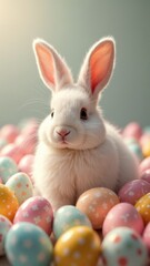 fluffy rabbit sitting next to colorful Easter eggs concept of Easter celebration, pet rabbits, festive decorations