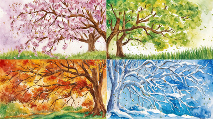 A vibrant watercolor illustration of four seasons depicted through the branches of a tree