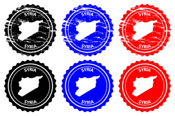 Syria - rubber stamp - vector, Syrian Arab Republic map pattern - sticker - black, blue and red