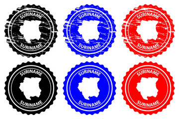 Suriname - rubber stamp - vector, Republic of Suriname (Surinam) map pattern - sticker - black, blue and red